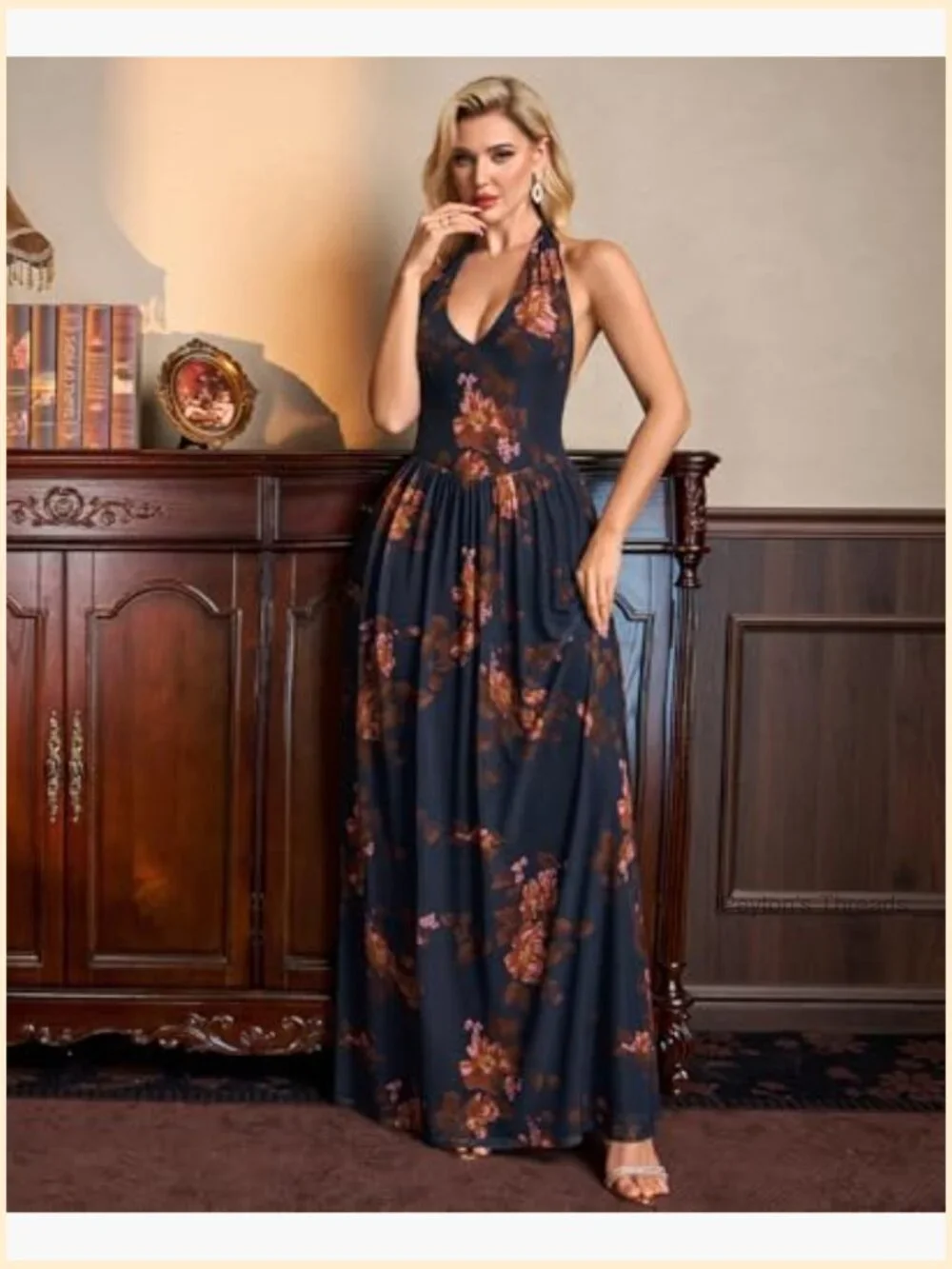 Halter Deep V-Neck Mesh Backless Maxi Dress Wedding Guest Cocktail - Picture 5 of 6